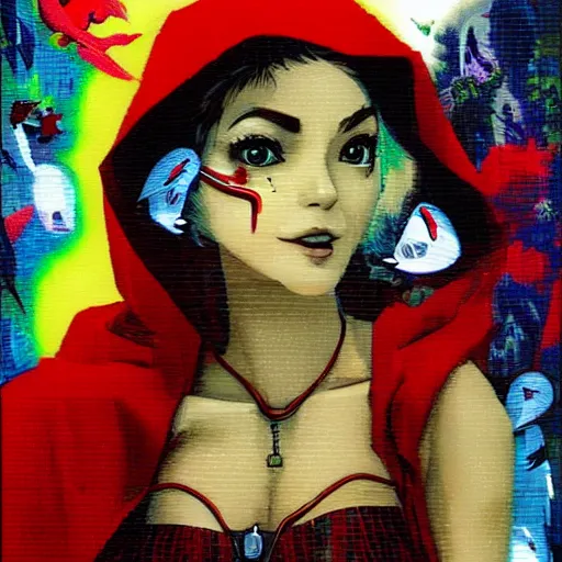 Prompt: portrait of a daydreaming latina woman in a red riding hood monk custome being progressively rasterized into pixels, surrounded by digital birds and a loving robot, by yoji shinkawa, esao andrews and dave mckean