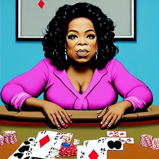 Prompt: a portrait of a oprah playing poker, by banksy