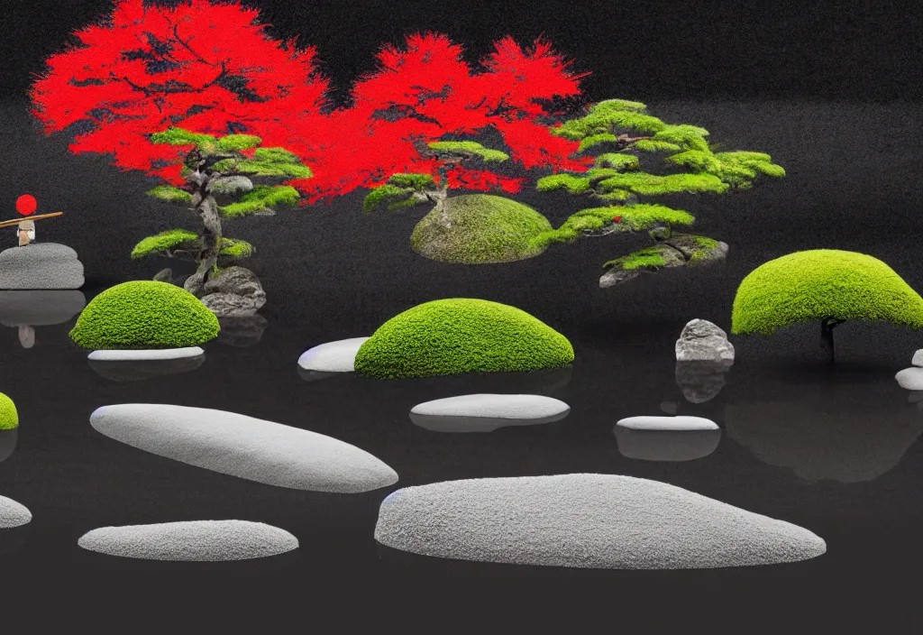 Image similar to zen garden kyoto, japan, a collage painting, in the style of wes anderson, lola dupre, david hockney, isolated on negative white space background dark monochrome fluorescent neon spraypaint accents volumetric octane render