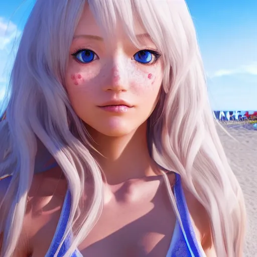 Prompt: Render of a beautiful 3d anime woman, long white hair, blue eyes, cute freckles, blush, full round face, soft smile, cute sundress, golden hour, serene beach setting, medium shot, mid-shot, hyperdetailed, trending on Artstation, Unreal Engine 4k