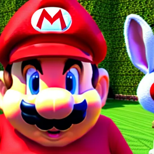 Image similar to real life big chungus dressed like mario, super mario with bunny ears, big chungus mario, fat bugs bunny, high resolution photo