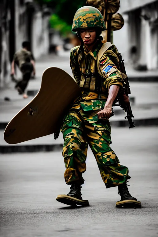 Image similar to vietnam soldier with skateboard, photography, cinematic, bokeh, extreme details, vogue photo style, dynamic composition, intricate, comfort posse, smooth, sharp focus, body features, ultra realistic, award winning photo, captured by nikon d 8 5 0, 4 k, full body.