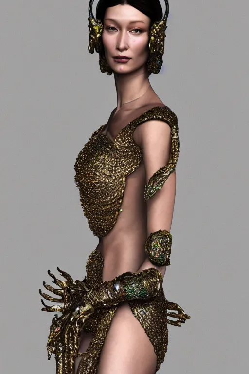 Image similar to a highly detailed 3 d render painting of a beautiful alien goddess bella hadid in iris van herpen dress schiaparelli in diamonds in style of alphonse mucha trending on artstation made in unreal engine 4