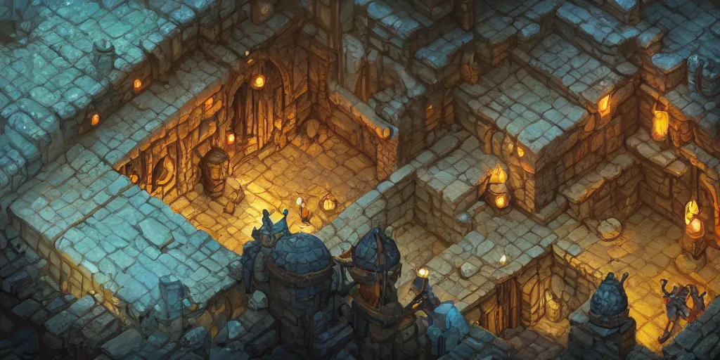 Prompt: a digital painting of an isometric medieval fantasy dungeon by justin gerard, paul bonner, 2 d game art, isometric, highly detailed, pale blue backlight, digital art, artstation hd