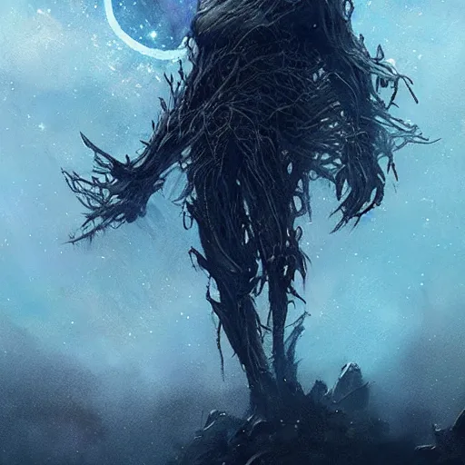 Prompt: a beautiful terrifying monster made out of space and stars. ethereal horror fantasy art by greg rutkowski