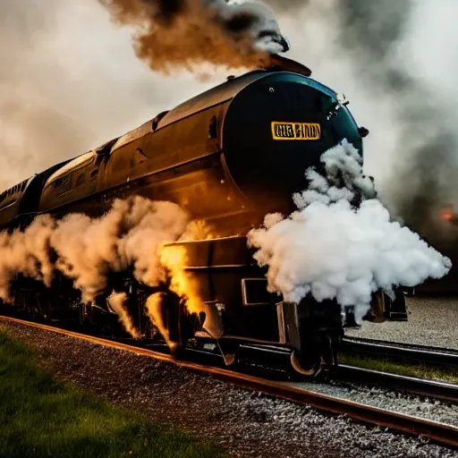 Image similar to train with steam locomotive leaving the station, dramatic cinematic angle and lighting