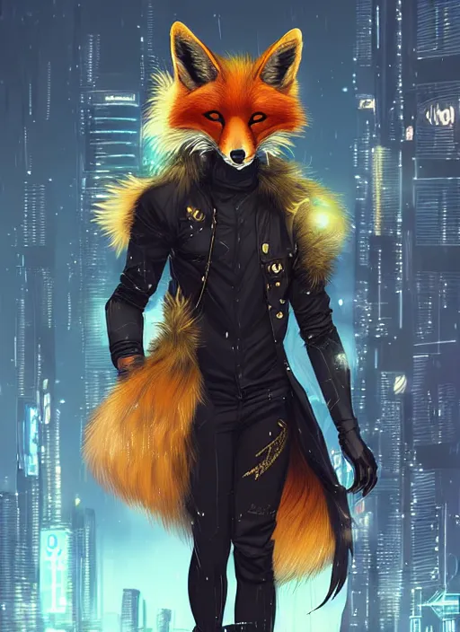 Image similar to award winning beautiful portrait commission of a male furry anthro melanated fox fursona with a tail and a cute beautiful attractive detailed furry face wearing stylish black and gold cyberpunk clothes in a cyberpunk city at night while it rains. Character design by charlie bowater, ross tran, artgerm, and makoto shinkai, detailed, inked, western comic book art