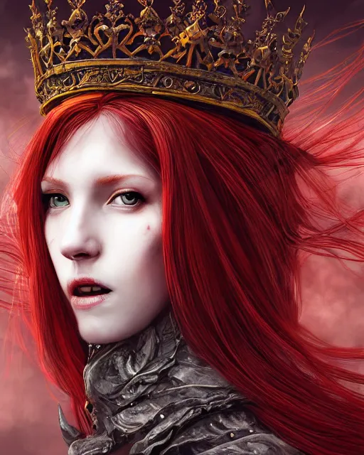 Image similar to redhead queen in heavy redarmor, inside an epic gothic castle, baroque hearts, large crown, face with scars, mad grin, intimidating, ominous, high fantasy, intricate detail, digital painting, artstation, concept art, smooth, sharp focus, illustration, art by yoshitaka amano and monia merlo and wlop