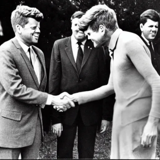 Image similar to a black and white photo of john f kennedy shaking hands with the alien from et