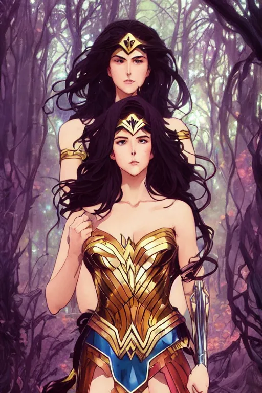 Image similar to anime key visual of a beautiful young female wonder woman intricate, magical forest, stunning, highly detailed, digital painting, artstation, smooth, hard focus, illustration, art by artgerm and greg rutkowski and alphonse mucha