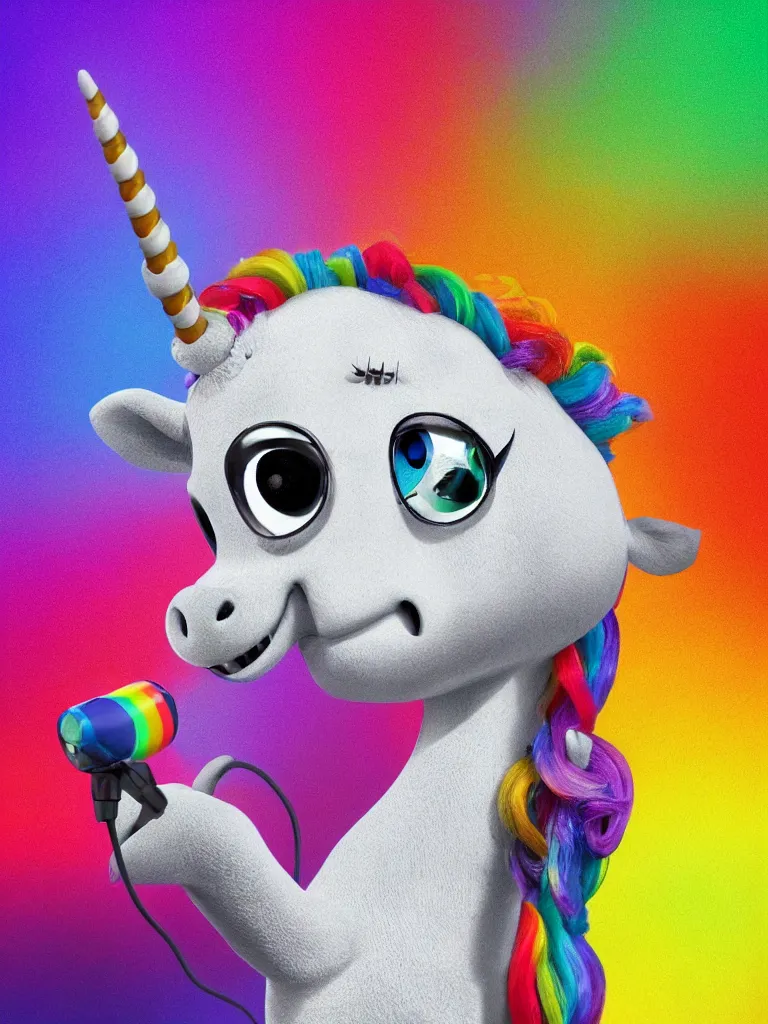 Image similar to a realistic rainbow colored unicorn beat boxing on stage holding a microphone by Pixar