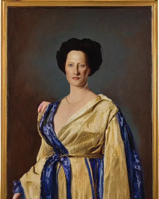 Image similar to an expensive portrait of a poised woman in metallic multicolored long structured robes, muted blue background