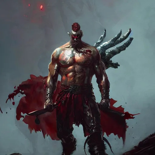 Image similar to mutant man with sword, fantasy boss, dramatic illustration, muscular character, a lot of blood, huge horns, art by greg rutkowski, digital art, artstation