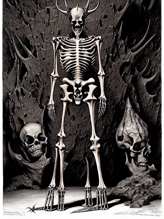 Prompt: A spiked horned detailed semiork-semihuman skeleton with armored joints stands in the cavernous corridors of the palace with a pebble in hands. Wearing massive shoulderplates. Extremely high details, realistic, fantasy art, solo, masterpiece, bones, ripped flesh, art by Zdzisław Beksiński, Arthur Rackham, Dariusz Zawadzki, Harry Clarke