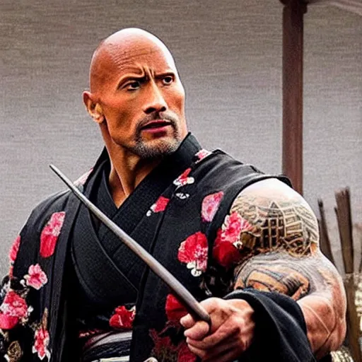 Prompt: Dwayne Johnson as Edo samurai , wearing kimono