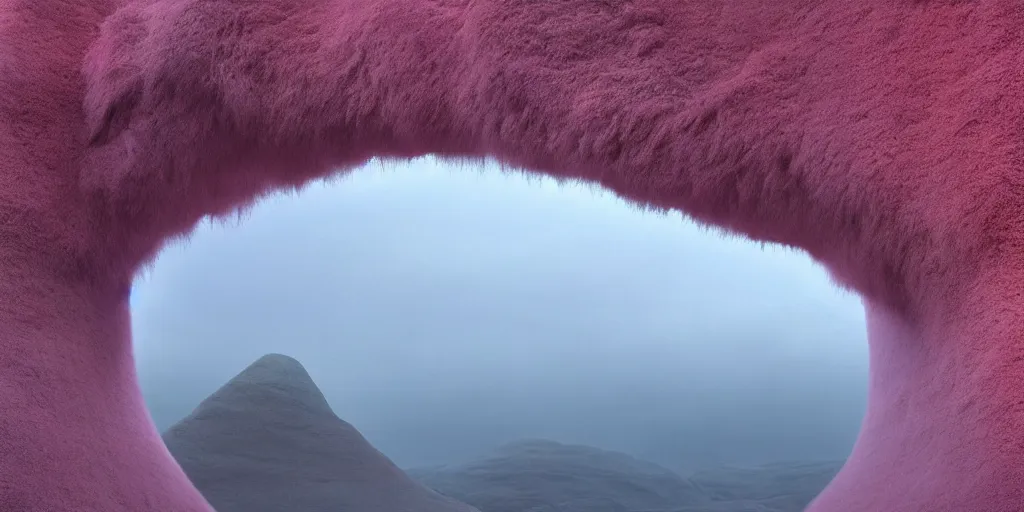 Image similar to a strange huge translucent pvc inflated organic architecture building with pink fluffy fur inside by anish kapoor sits in the rock mountains, film still from the movie directed by denis villeneuve with art direction by zdzisław beksinski, close up, telephoto lens, shallow depth of field