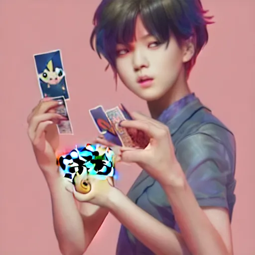 Image similar to jimin playing with pokemon cards, in the style of james jean, artstation trending, 8 k, 3 d render, photorealistic, volumetric lighting caustics, pink