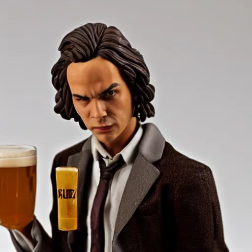 Prompt: Frank Dillane action figure with beer bottle tea cup and cigarette, photo, highly detailed