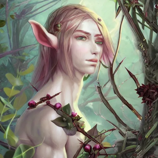 Prompt: beautiful androgynous male elf surrounded by thorns, pearlescent, ornate, dreamy, concept art trending on artstation, gray and pale pink