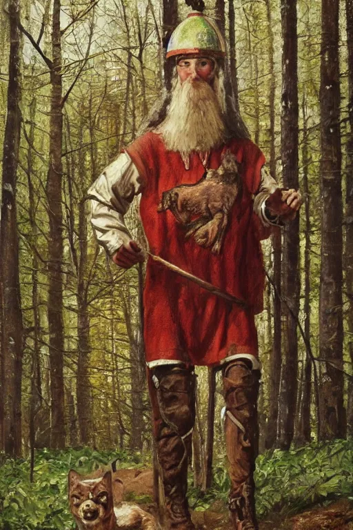 Prompt: slavic dog head man, woolen torso in medieval clothes, walking in the forest, orthodox saint christopher, painting by whimmy, oil painting, painting by viktor vasnetsov, concept art, hyperrealism, beautiful, high resolution, trending on artstation,