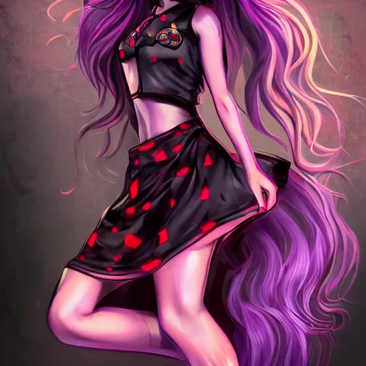 Prompt: full body art of a cute woman, long purple hair, black tanktop, red tartan skirt, black gloves, purple lipstick, digital art, fantasy art, 4k,