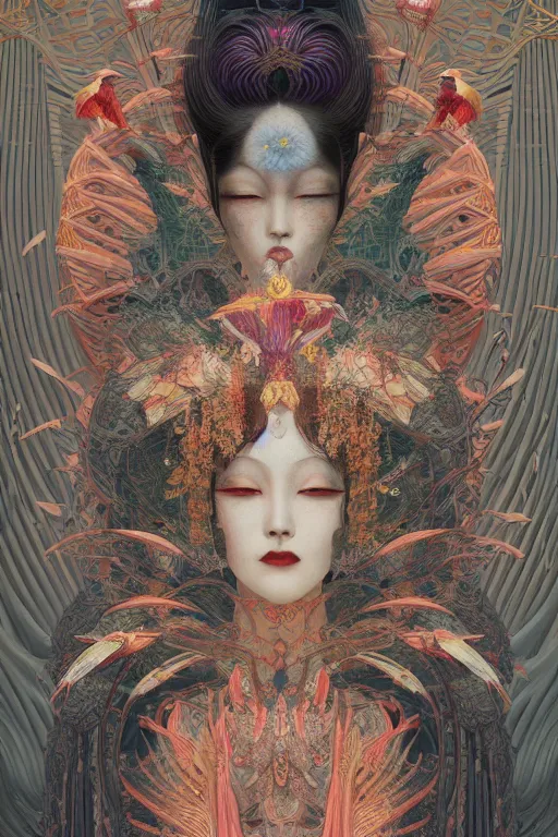 Image similar to portrait breathtaking detailed concept art painting art deco pattern of birds goddesses amalmation flowers head thibetan temple, by hsiao ron cheng, tetsuya ichida, bizarre compositions, tsutomu nihei, exquisite detail, extremely moody lighting, 8 k, art nouveau, old chines painting, art nouveau