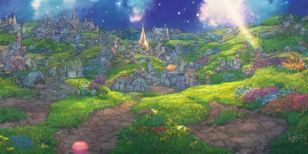 Image similar to a still of a background from howl's moving castle!!!!! of hobbiton, light bloom, studio ghibli!!!!!