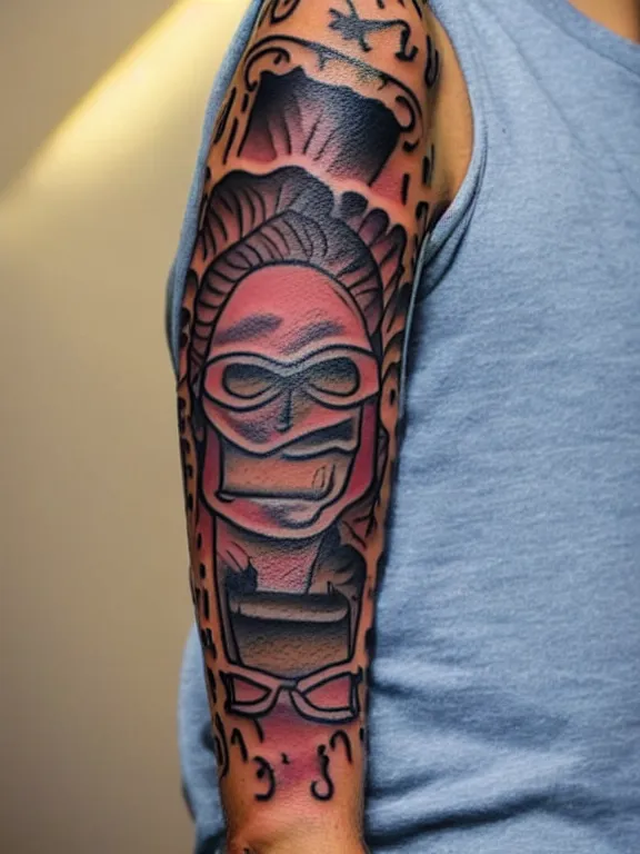 Prompt: far shot of a man showing his arm with taco tattoo, tattoo