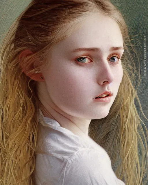 Prompt: portrait of 1 6 - year - old woman with dirty blonde hair down to her waist, pale eyebrows and protuberant silver eyes, wearing white shirt, hyper realistic face, beautiful eyes, close up, fantasy art, in the style of greg rutkowski, intricate, alphonse mucha, hyper detailed, smooth