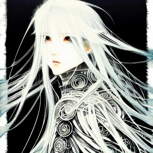 Image similar to Yoshitaka Amano blurred and dreamy illustration of an anime girl with wavy white hair and cracks on her face wearing Elden ring armour with the cape fluttering in the wind, abstract black and white patterns on the background, noisy film grain effect, highly detailed, Renaissance oil painting, weird portrait angle