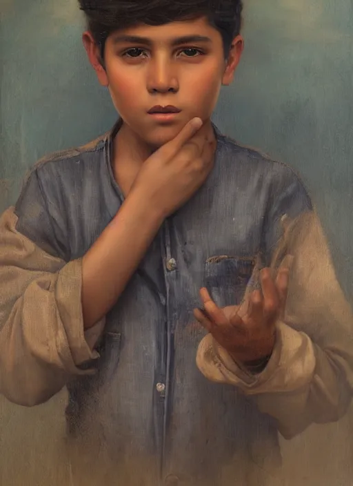 Image similar to portrait of a handsome mexican boy in old jalisco, painting by manuel sanjulian and tom bagshaw, oil on canvas, hyperrealism