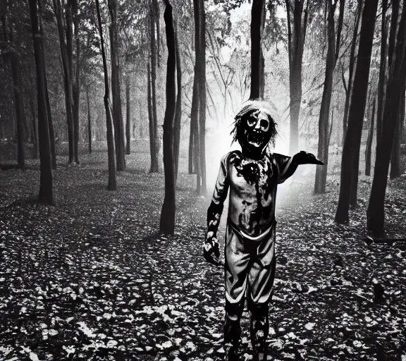 Image similar to zombie clown spotted in a dark forest, found footage, black and white