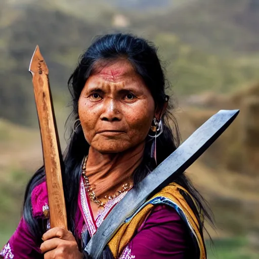 Prompt: a nepali woman carrying a sword, fierce