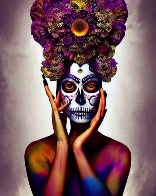 Image similar to dia de los muertos theme surrealist art in the styles of igor morski, jim warren, and aida muluneh, intricate, hyperrealistic, accurate facial details, profile picture with chromakey!!!!! background, volumetric lighting