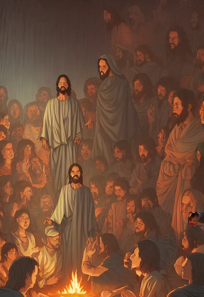 Prompt: a portrait of jesus preaching hell by dan mumford, yusuke murata and makoto shinkai, 8k, cel shaded, unreal engine, featured on artstation, pixiv