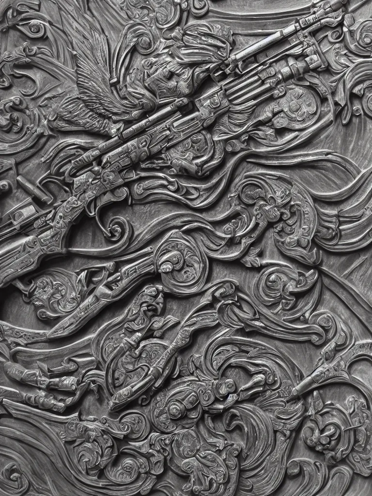 Image similar to relief sculpture carving in metal of machine guns, hyperrealistic, ultrarealistic, intricate details, 4k, unreal 5, digital art