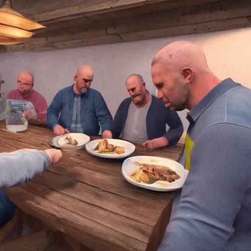 Prompt: a group of middle aged male men, eating fish, hyperrealistic, 4k, unreal engine