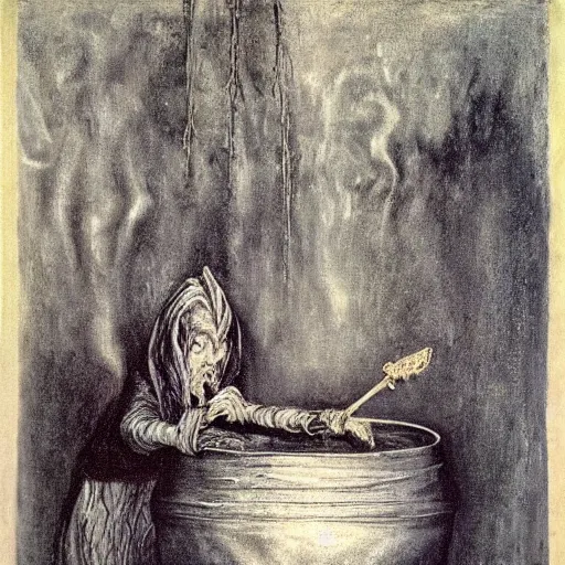 Prompt: An old wrinkled witch dressed in black stirring her cauldron. El Greco, Remedios Varo, Salvador Dali, Carl Gustav Carus, John Atkinson Grimshaw. Blue tint. Symetrical, logo, geometric shapes.