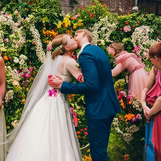 Image similar to the groom kisses the bride at a wedding full of flowers, bright and happy, art, highly detail, 4 k realistic, wedding photo, louise dahl - wolfe, andrea kowch, sophie anderson, lilia alvarado