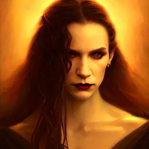 Image similar to majestic gracious regal aristocratic female vampire portrait, atmospheric lighting, painted, curvy, menacing, intricate, volumetric lighting, beautiful, rich deep colours masterpiece, golden hour, sharp focus, ultra detailed, by leesha hannigan, ross tran, thierry doizon, kai carpenter, ignacio fernandez rios