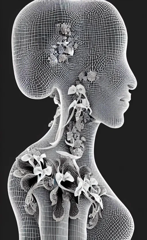 Image similar to a black and white 3D render of a beautiful profile face portrait of a female vegetal-dragon-cyborg, 150 mm, orchids, fine lace, Mandelbrot fractal, anatomical, flesh, facial muscles, wires, microchip, veins, arteries, full frame, microscopic, elegant, highly detailed, flesh ornate, elegant, high fashion, rim light, octane render in the style of H.R. Giger and Man Ray