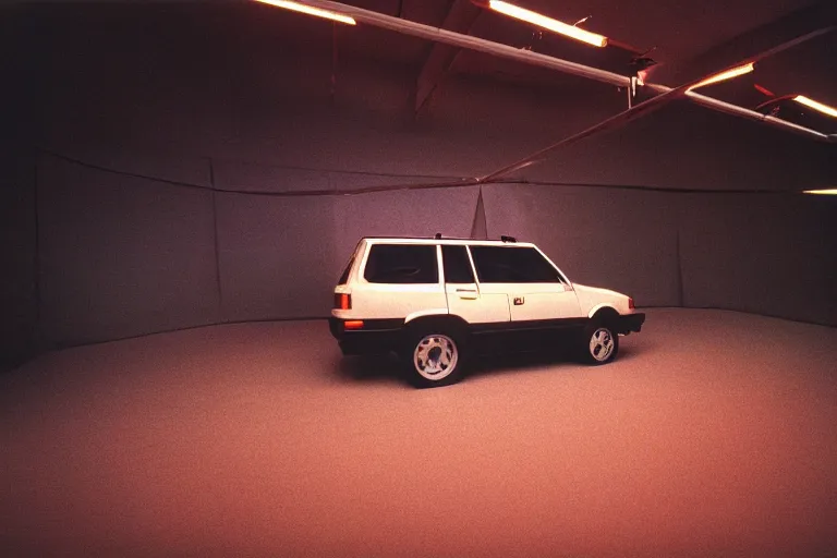 Image similar to studio photoshoot designed by giorgetto giugiaro of a single 1 9 8 8 land cruiser, thick neon lights, ektachrome photograph, volumetric lighting, f 8 aperture, cinematic eastman 5 3 8 4 film