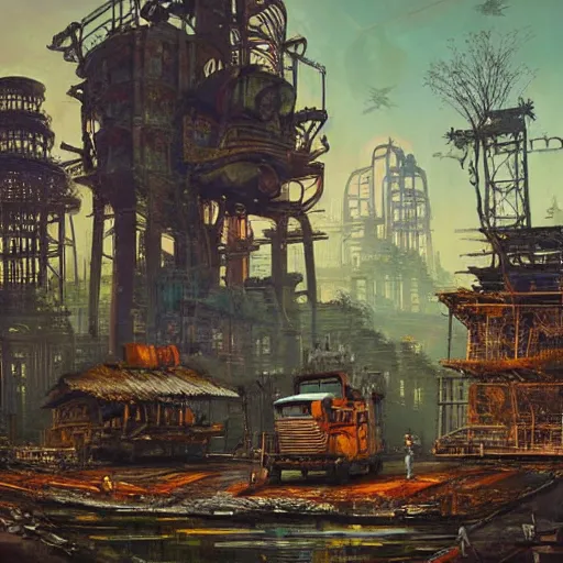 Image similar to beautiful painting of an industrial wasteland with balinese ruins and oriental decaying monuments in the style of Simon Stålenhag and H. R. Giger