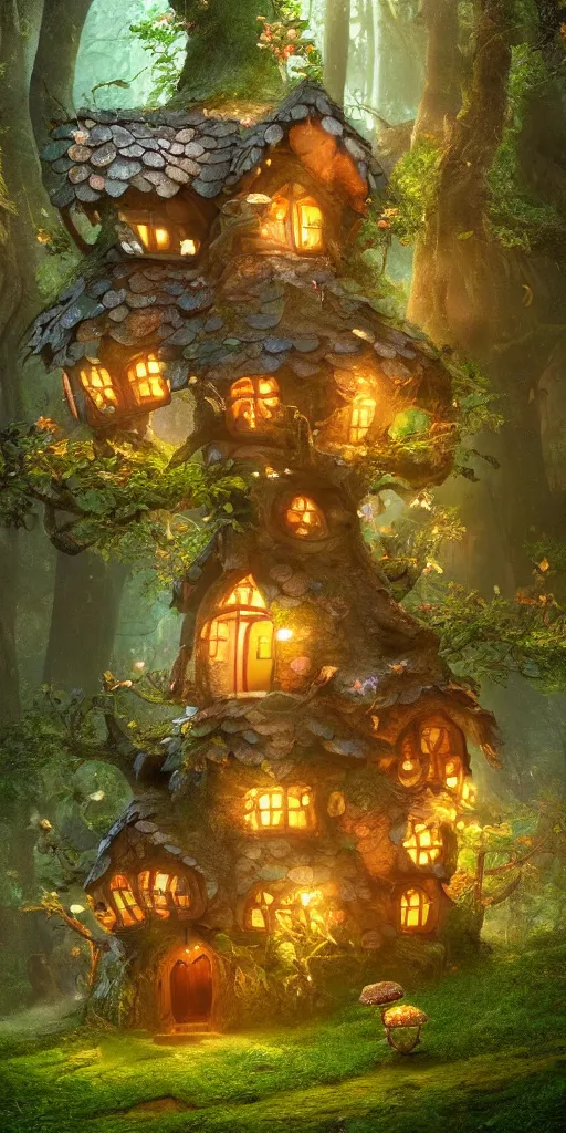 Image similar to A fairy tale toadstool-style house in magical forest, cinematic lighting, photo realistic image, 4K, super detailed, cinematic look