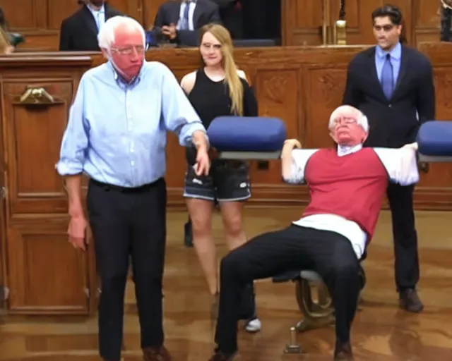 Prompt: bernie sanders bench-pressing 200 lb weights in senate chambers