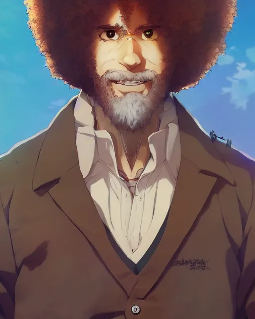 Image similar to anime portrait of Bob Ross as an anime man by Stanley Artgerm Lau, WLOP, Rossdraws, James Jean, Andrei Riabovitchev, Marc Simonetti, and Sakimichan, trending on artstation