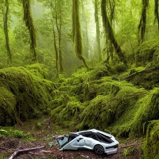 Image similar to A cinematographic 30mm shot of crashed white tesla cars resembling skeletons of whales outgrown by moss, vines and ferns, submerged in a lush and dense forest, dusk light filtering from the trees below. The scene is apocalyptic, eerie but serene, volumetric, 8k, high resolution