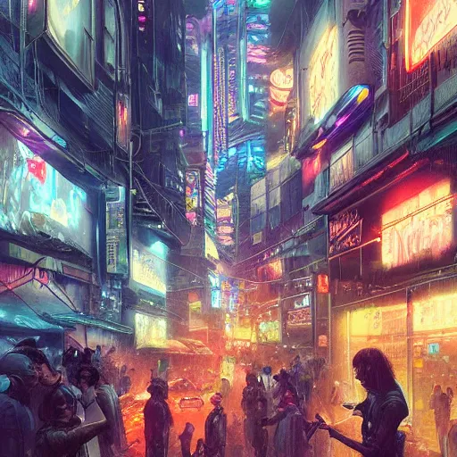 Image similar to overly crowded street of a cyberpunk city, rain, harsh neon lights, highly detailed, digital painting, trending on artstation, concept art, sharp focus, illustration, art by artgerm and greg rutkowski and magali villeneuve