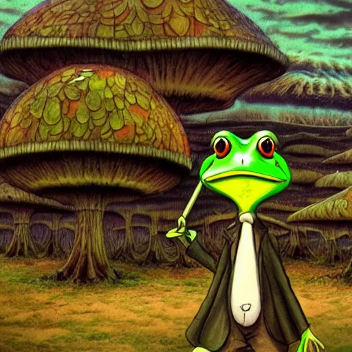 Prompt: A centered chest up portrait of a scary psychedelic godlike anthropomorphic frog smoking tobacco , magic mushroom village in background . award winning. superb resolution. in the art style of junji Ito and greg rutkowski . Detailed Mushroom city in background. Hyper realistic anime. Perfect art. Dalle2