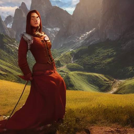 Prompt: renaissance woman using a smarting , centered full body shot, full pov, studio light, italian mountains background, intricate, epic lighting, cinematic composition, hyper realistic, 8k resolution, unreal engine 5